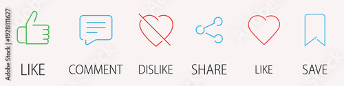Social media UI UX interaction icon set including like, share, comment, dislike, and save buttons for modern app interface design elements