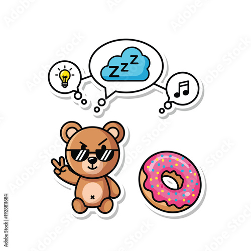 A cartoon bear with a sleepy face and peace sign, surrounded by thought bubbles and a donut, in a simple illustration style