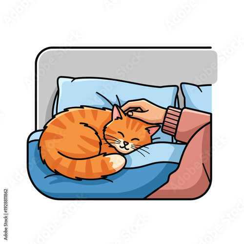 A person's hand gently strokes a sleeping orange cat on a blue pillow in a cozy bedroom scene illustration