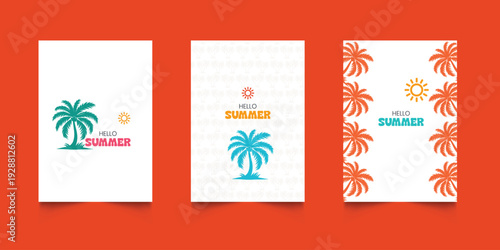 Set of tropical hello summer posters. Beach party flyer templates. Hawaiian backgrounds for greeting card and invitation. Sea sunrise, ocean, palm trees, morning sky