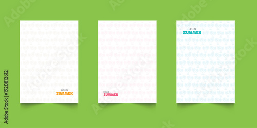 Set of tropical hello summer posters. Beach party flyer templates. Hawaiian backgrounds for greeting card and invitation. Sea sunrise, ocean, palm trees, morning sky