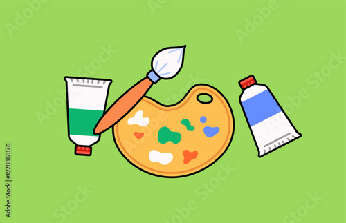 Flat illustration of artist palette with colorful paint blobs, brush, and paint tubes. Ideal for art, creativity, painting, design, and hobby concepts.
