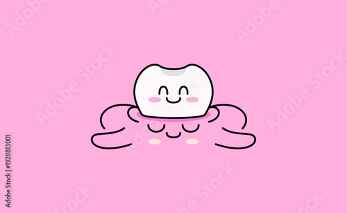 Adorable tooth mascot character relaxing in pink water with calm and happy expression ideal for dental care, oral hygiene, dentist clinic promotion, and children dental health