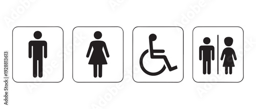 Set of public restroom signs. Men, Women, Accessible/Wheelchair, and Unisex icons, white background, clear graphic symbolsSet of four public restroom signs: Men, Women, Accessible/Wheelchair, 