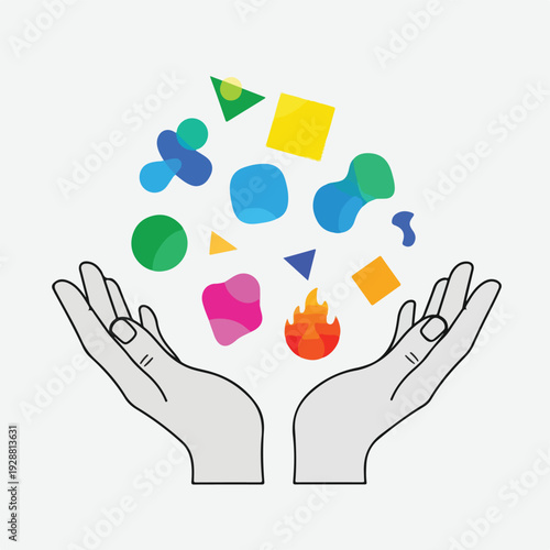 Two hands hold up various colorful shapes, abstract design