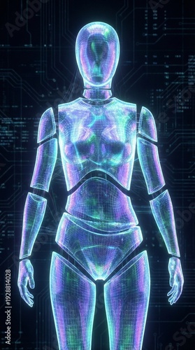 Futuristic hologram android standing in dark data interface, neon purple and cyan glow for ai and robotics marketing, sleek sci fi mood for cybersecurity