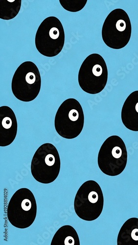 Abstract blue background with black oval eyes pattern, playful pop art texture for kids design and branding, quirky spooky vibe for Halloween and party decor