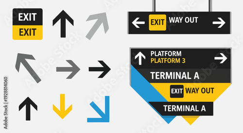 Various signs depicting wayfinding, direction and location information