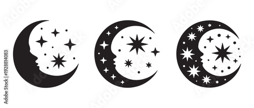 Celestial Crescent Moon Face Icons with Stars, Mystical Night Sky Symbols, Cosmic Dreamlike Illustrations, Silhouette Style.
