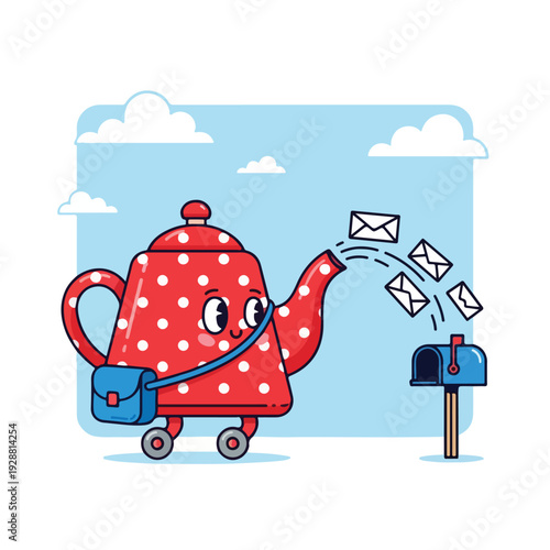 Whimsical illustration of a polka-dotted teapot delivering letters to a mailbox