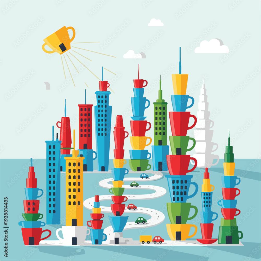 Naklejka premium Whimsical urban landscape constructed from stacked coffee cups and buildings