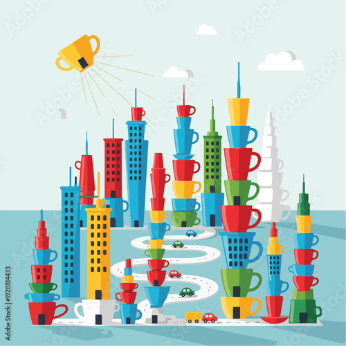 Whimsical urban landscape constructed from stacked coffee cups and buildings