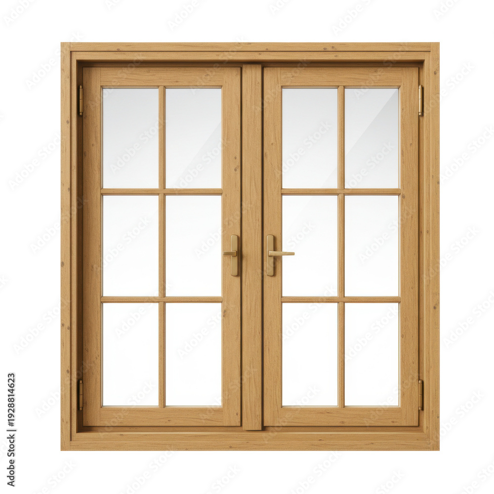 Fototapeta premium Detailed wooden double window with panes and golden hardware isolated on white background