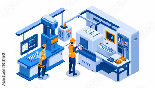 Workers Operating Automated CNC Machine in Factory