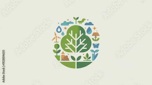 Eco friendly vector illustration of a green tree surrounded by various nature and environmental icons in a circular pattern on a beige background