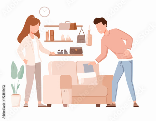 Couple decorating new home with sofa