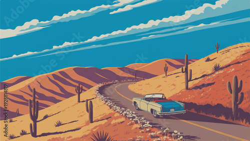 Vintage camper van on a desert highway through arid landscape with cacti under blue sky