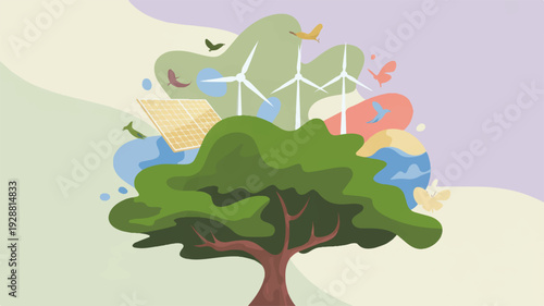 Eco friendly tree with green leaves and colorful abstract background elements vector illustration