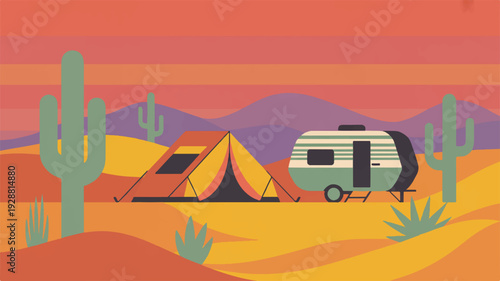 Camping in desert landscape with tent and caravan orange sunset cacti and mountains
