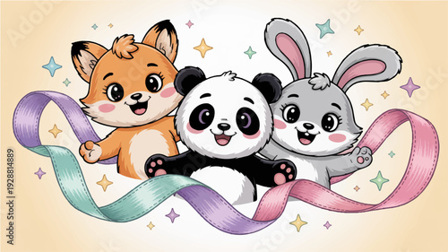 Adorable cartoon animals friends panda fox and rabbit with colorful ribbons and sparkles on beige background cute illustration for kids emotions and friendship concepts