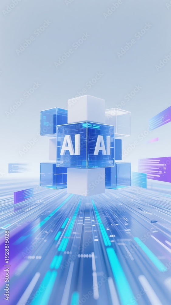 Fototapeta premium Digital representation of artificial intelligence with glowing cubes and data streams in a futuristic environment