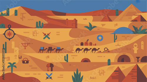 Desert landscape with camels and tents in a flat design illustration featuring sandy dunes cacti and a clear blue sky