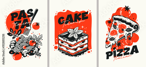 Bright retro posters in vintage style depicting Italian cuisine and typography. Dynamic creative prints depicting traditional Italian dishes: pasta, spaghetti, pizza and tiramisu