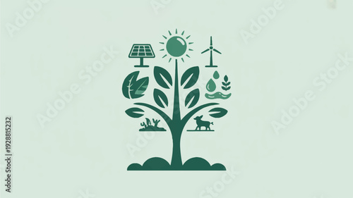 Eco friendly tree icon set with solar panel wind turbine and animals symbolizing new life and sustainable growth in a natural environment