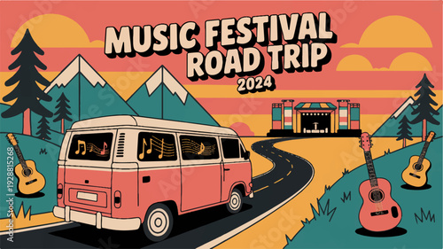Vibrant music festival road trip poster with pink van guitars and mountains at sunset 2024