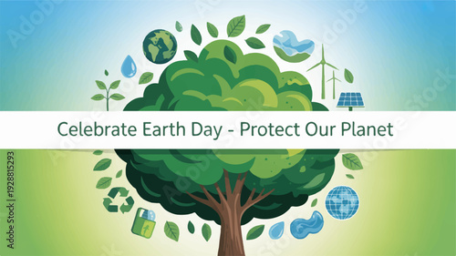 Earth day banner with tree leaves and eco friendly icons on green background celebrating environmental protection and sustainability