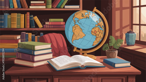Vintage globe on a desk with books in a cozy study room with warm lighting and wooden furniture