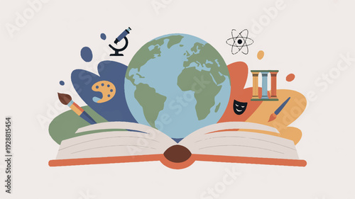 Open book with globe on top and colorful educational icons around symbolizing learning and global knowledge