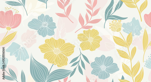 Colorful floral pattern with pastel flowers and leaves on white background.