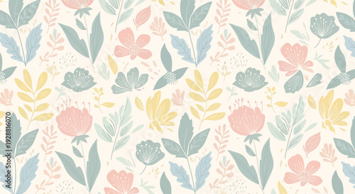 Colorful floral pattern with pastel flowers and leaves on white background.