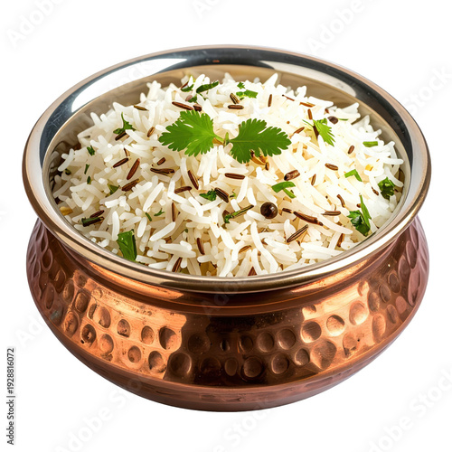 Delicious indian rice dish served in a copper bowl with fresh herbs isolated on white background