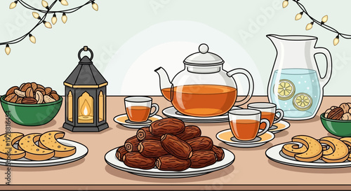 Ramadan iftar table setting with dates and tea.