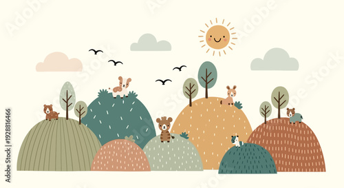 Whimsical landscape with hills, trees, and animals under a sunny sky.