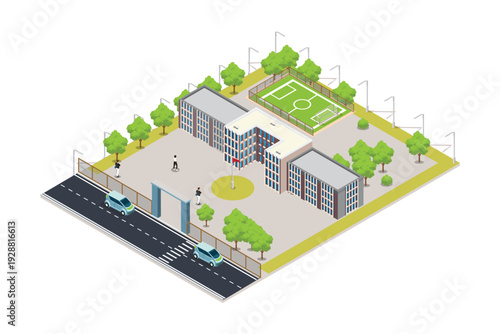 Vector isometric icon or infographic element representing low poly school or university building with sport stadium on the schoolyard 