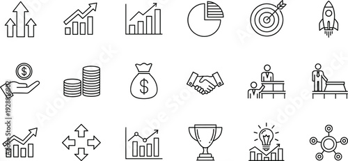 Business Growth and Financial Success Line Icon Set with Charts, Target, Rocket and Investment Symbols Isolated on White Background