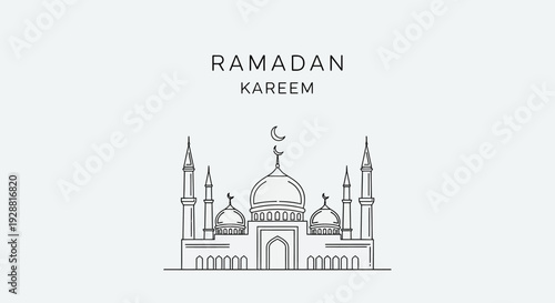 Ramadan Kareem mosque illustration with crescent moon.