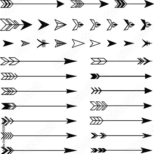 Arrow silhouettes illustration set, diverse arrowhead and fletching styles, black and white vector art, decorative design elements, modern graphic artwork