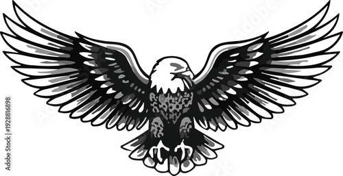Bald eagle with spread wings and extended talons, patriotic wildlife bird illustration, freedom symbol vector artwork design element