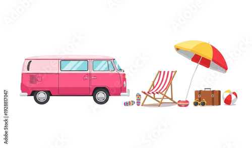 SEO Title
Pink Retro Van Beach Scene Vector with Summer Accessories Isolated on White Background