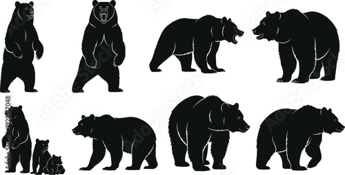 Bear silhouettes, standing and walking poses, growling wild mammal vector illustration, mother bear with cubs design, forest wildlife art, nature clipart