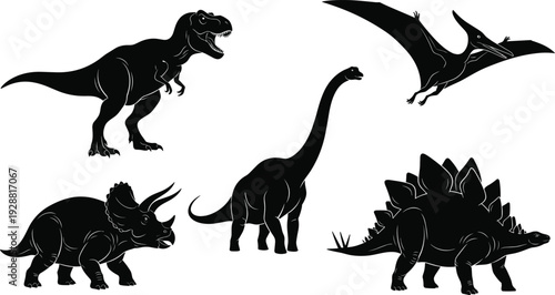 Dinosaur silhouettes including T. rex, Triceratops, Brachiosaurus, Stegosaurus, and Pteranodon, prehistoric wildlife vector artwork design collection