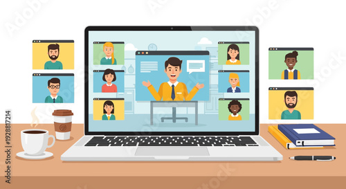 Online meeting on laptop with participants on screen in a virtual conference setting.