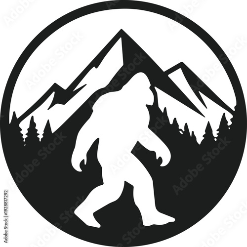 Bigfoot silhouette walking before mountain range and forest, folklore cryptid illustration, wilderness mystery vector artwork design emblem