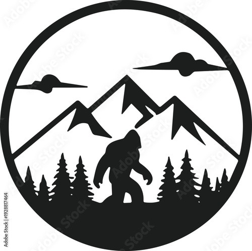 Bigfoot silhouette walking in forest with mountains and pine trees, mysterious folklore creature illustration, wilderness vector artwork design