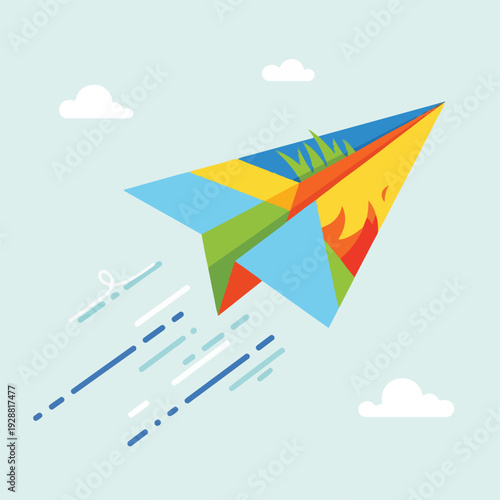 A brightly colored paper airplane soars through a serene blue sky