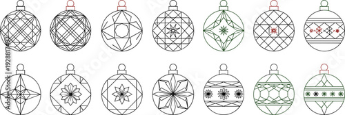 Christmas Bauble Line Icon Collection with Decorative Geometric Ornament Patterns Isolated on White Background